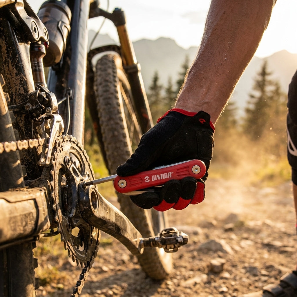 Unior Multitool Euro13 rot mit 13 Funktionen repariert Fahrrad auf Mountainbike-Trail.