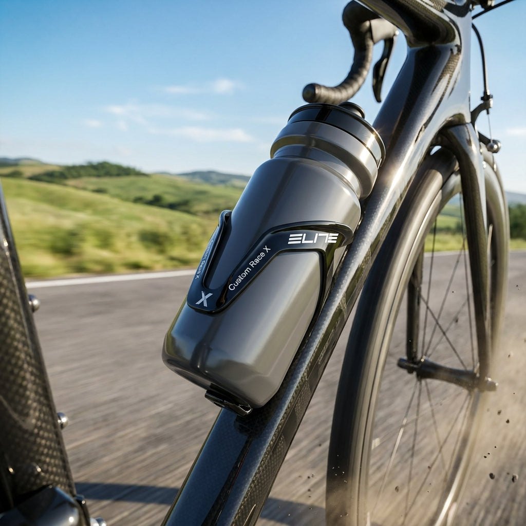 Elite Custom Race X Trinkflaschenhalter, schwarz glänzend, am Rennrad. Sicherer Halt für deine Flasche.
