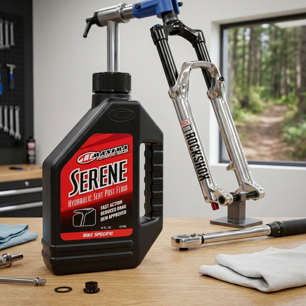 Fahrradwerkstatt: RockShox Federgabel, Maxima Ölflasche und Werkzeuge auf Holztisch.