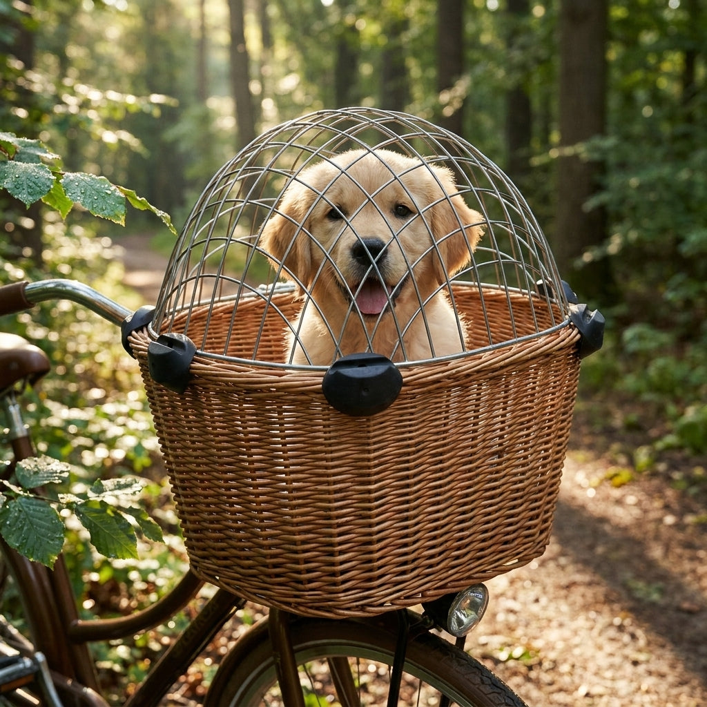 Basil Gummiringe für Buddy Tierkorb-Kuppel mit Golden Retriever Welpen im Fahrradkorb.