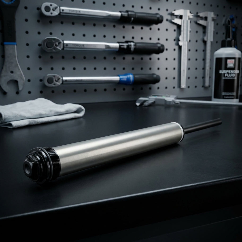 RockShox Luftfedereinheit 27.5/29 Recon silver für Federgabel, auf Werkbank mit Werkzeugen und Suspension Fluid.