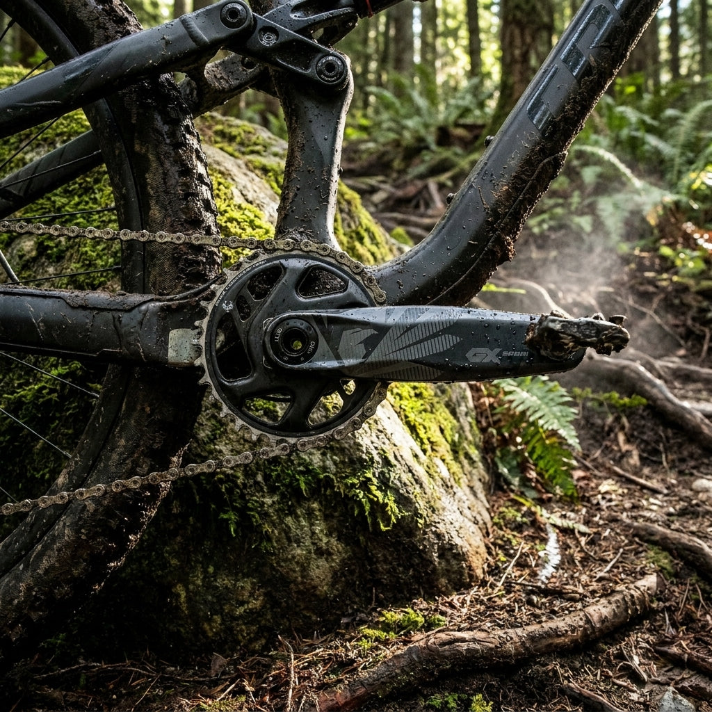 SRAM GX Eagle Boost DUB Kurbelgarnitur am schlammigen Mountainbike im Wald.