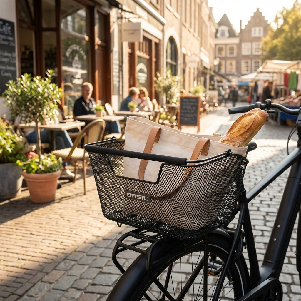 Basil Hinterradkorb Base M Stahl schwarz engmaschig am Fahrrad mit Baguette und Tasche in der Stadt.
