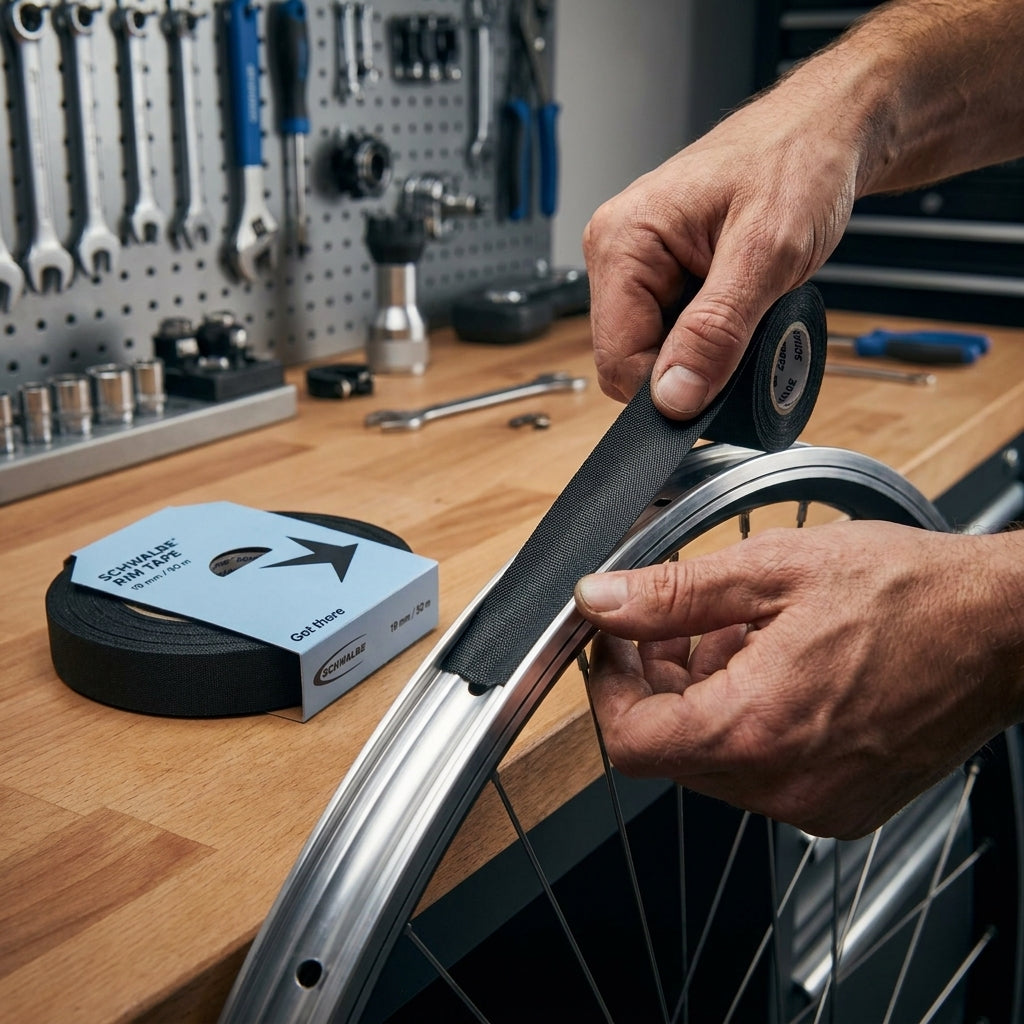 Person wickelt Schwalbe Hochdruck-Felgenband 19mm Textil auf eine Fahrradfelge in der Werkstatt.