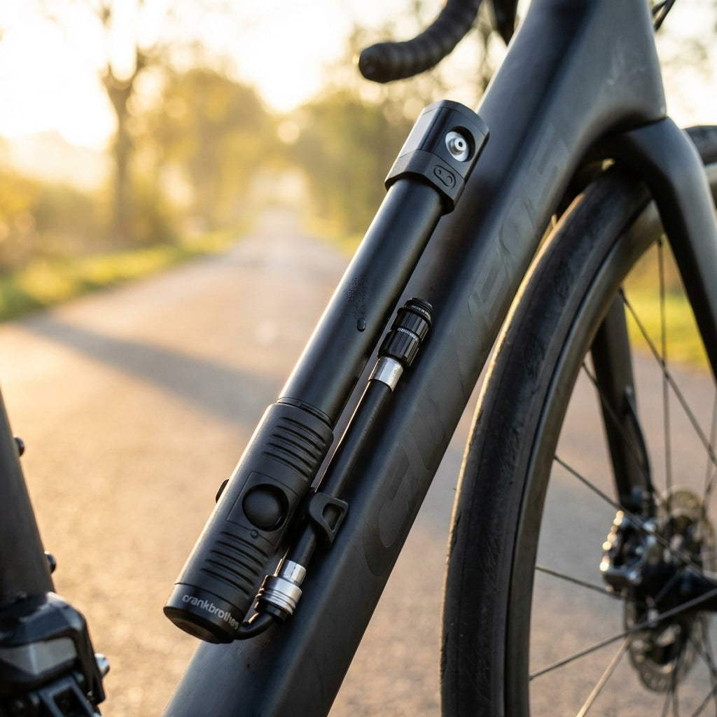 Crankbrothers Klic HP Handpumpe Midnight Edition schwarz mit Rahmenhalter am Fahrradrahmen.