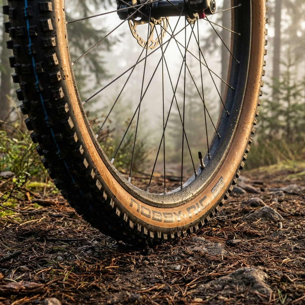 Schwalbe Nobby Nic 29x2.40 Zoll 62-622 E-50 Reifen schwarz-braun faltbar Nahaufnahme auf einem Waldweg.