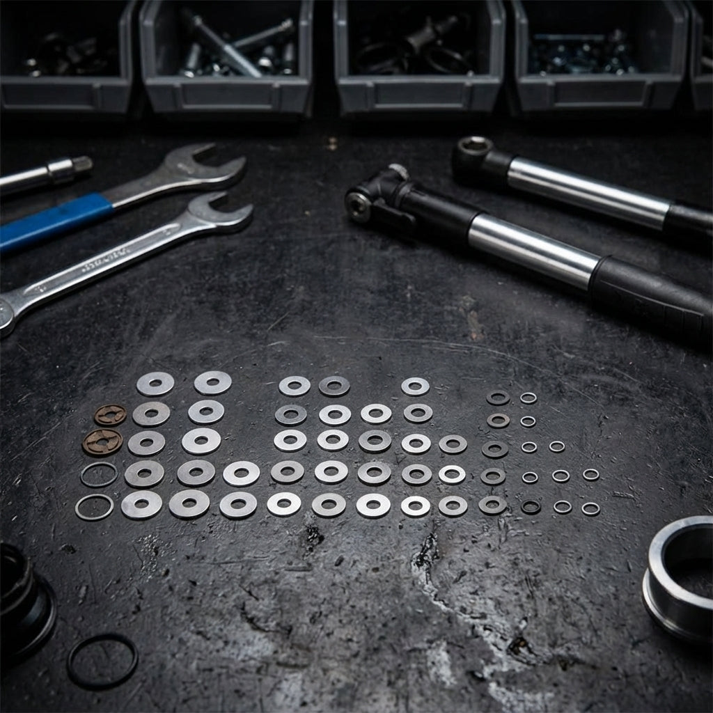 Rockshox Deluxe Air Dämpfer Tuning-Kit mit Unterlegscheiben, O-Ringen und Werkzeugen auf Werkbank.