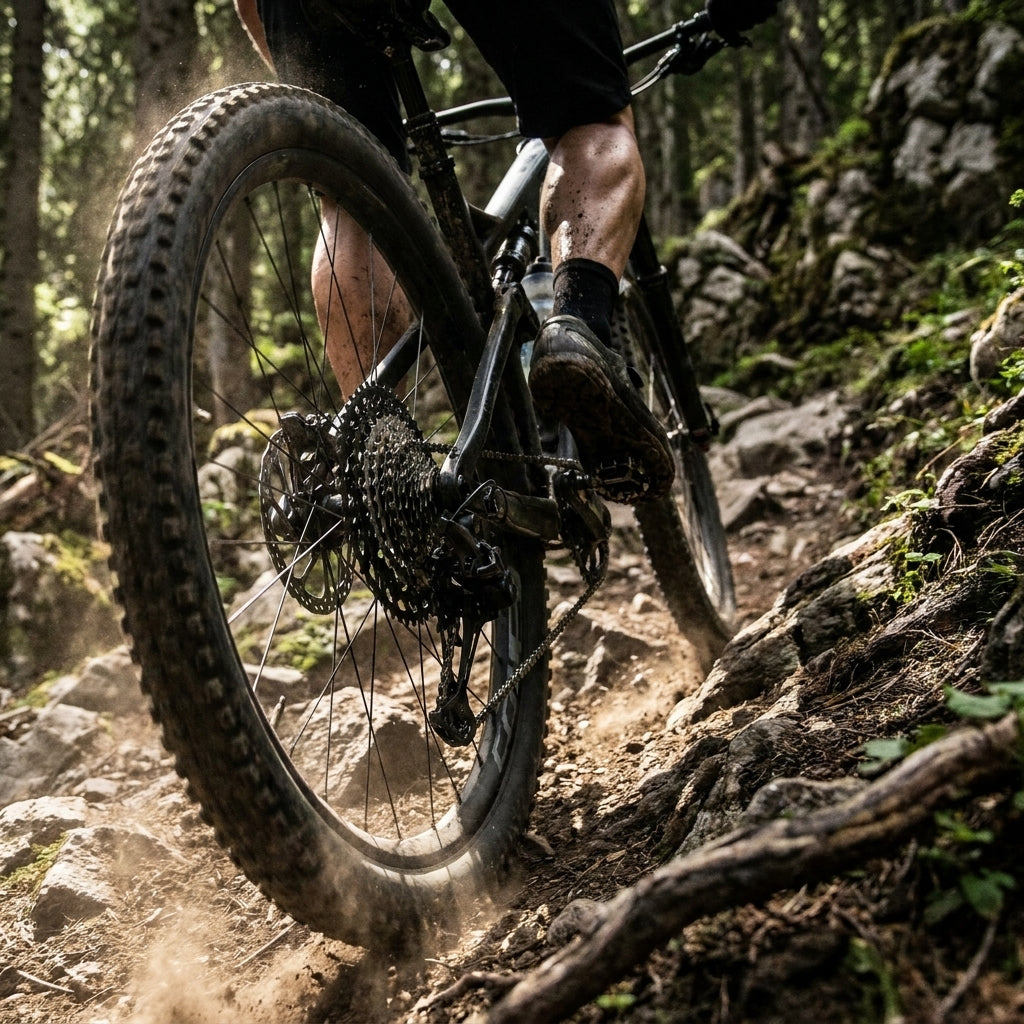 SHIMANO Ritzel CS-M7000 11-46 am Mountainbike-Hinterrad auf staubigem Waldweg in Fahrt.