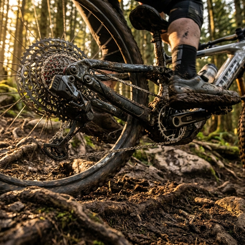 SRAM XO AXS Eagle Transmission E-MTB Antrieb auf schlammigem Trail.