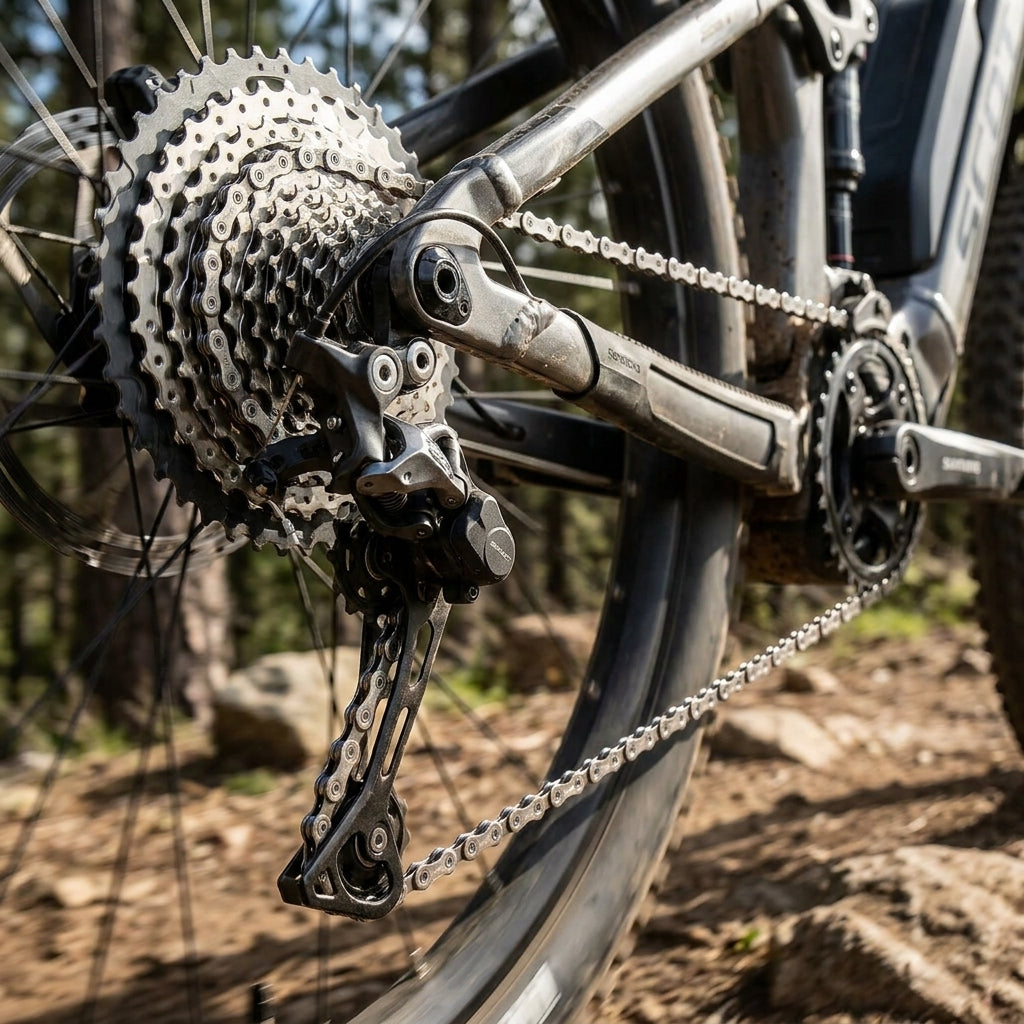 Shimano 11-fach Kette silber am Mountainbike-Antriebstrang mit Kassette und Schaltwerk.