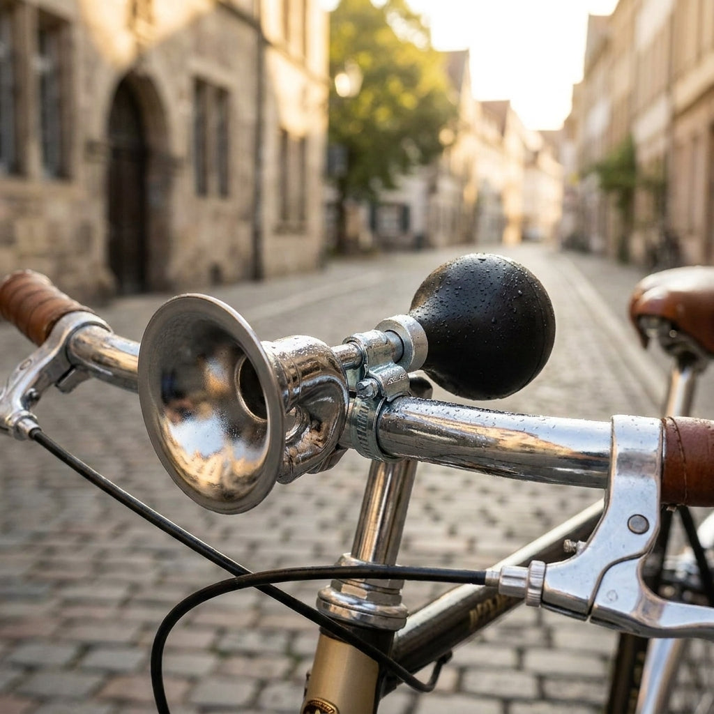 XLC Ballhupe DD-H02, verchromt, Retro-Posthornstil, am Fahrradlenker montiert, mit Wassertropfen.