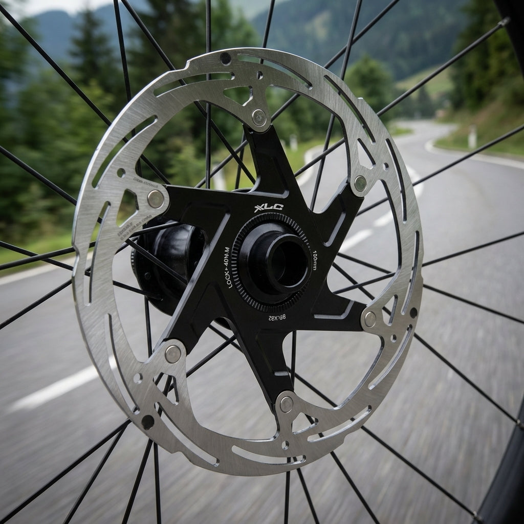 XLC Bremsscheibe BR-X82 silber Ø140mm Centerlock am Fahrradlaufrad auf einer Bergstraße.