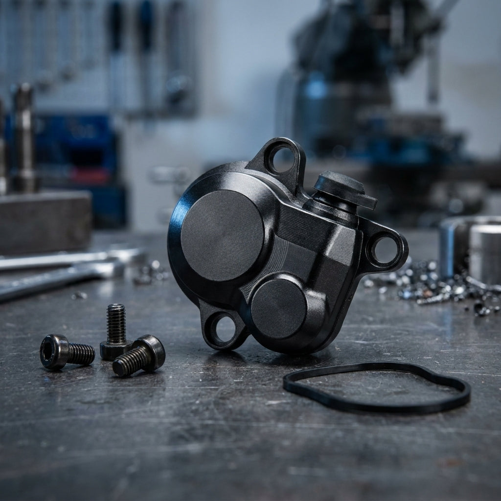 SHIMANO Gehäuse für Schaltwerkschraube RD-M9100 XTR 12-fach, schwarz, mit Schrauben und Dichtung auf Werkbank.