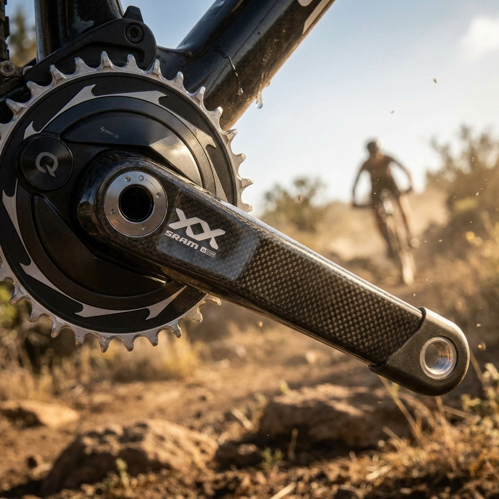 Nahaufnahme SRAM Quarq XX SL Eagle T-Type AXS Powermeter Kurbelgarnitur aus Carbon am Mountainbike auf staubigem Trail.