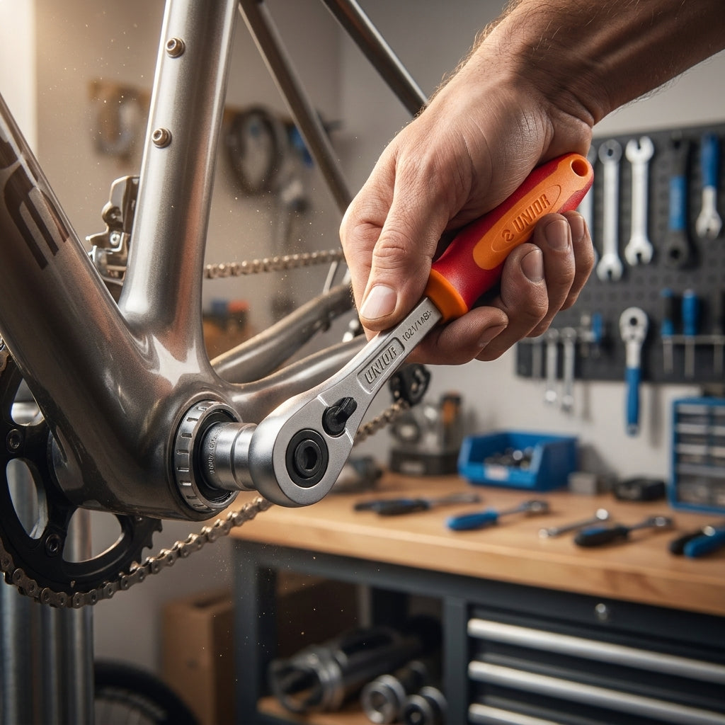 Unior Tretlagerratsche 1621/1ABI-US rot am Fahrrad-Tretlager. Hand montiert hochwertiges Fahrradwerkzeug.