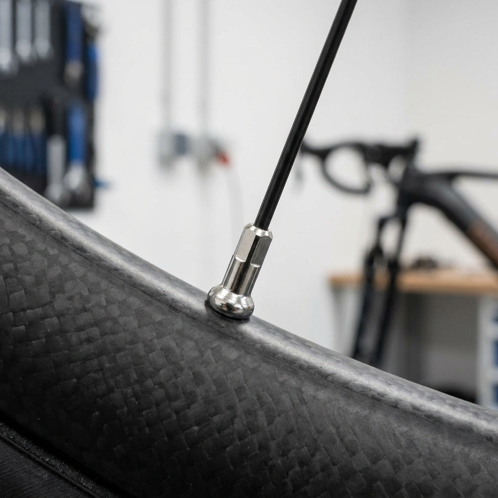 Silberner DT Swiss Pro Head Speichennippel aus Messing an Carbon-Laufrad mit Speiche, optimal für E-Bikes.