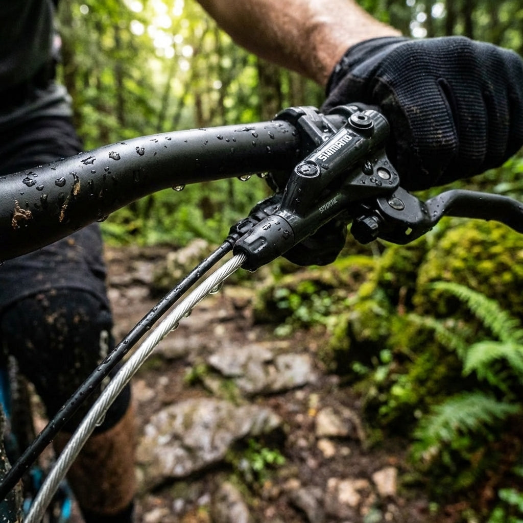 Mountainbike-Lenker mit Shimano-Bremse und nassem capgo Edelstahl-Bremsinnenzug auf Waldweg.