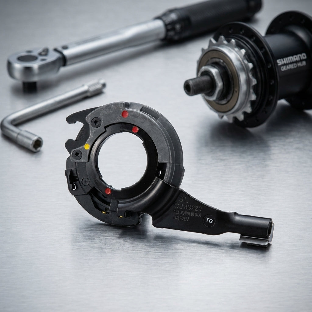 Shimano CJ8S220 Schaltmechanismus für Getriebenabe und Werkzeuge auf Metall.