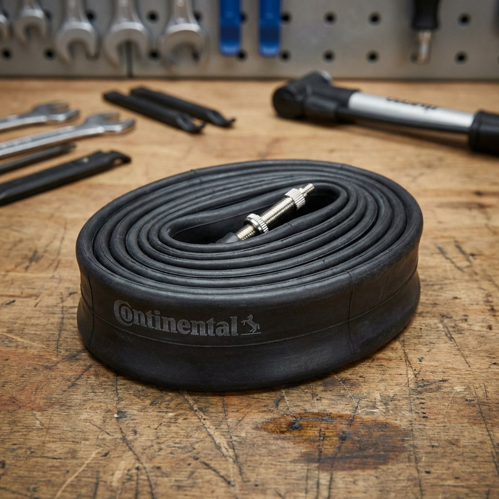 Continental Fahrradschlauch Conti Compact 8 Zoll DV auf Holzwerkbank mit Werkzeug.