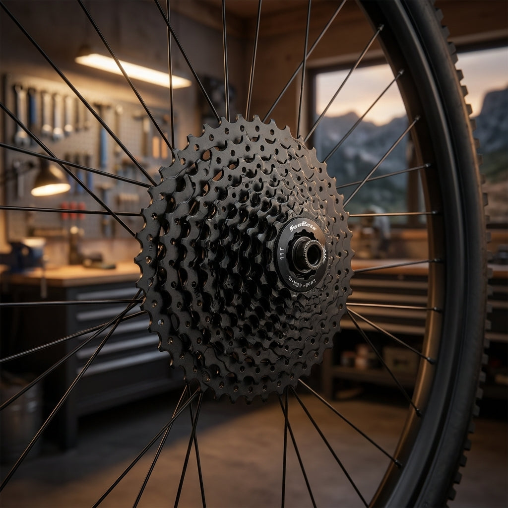 SunRace CSMS1 10s Kassette 11-36 Zähne MTB Sram/Shim auf schwarzem Fahrrad-Laufrad in Werkstatt.
