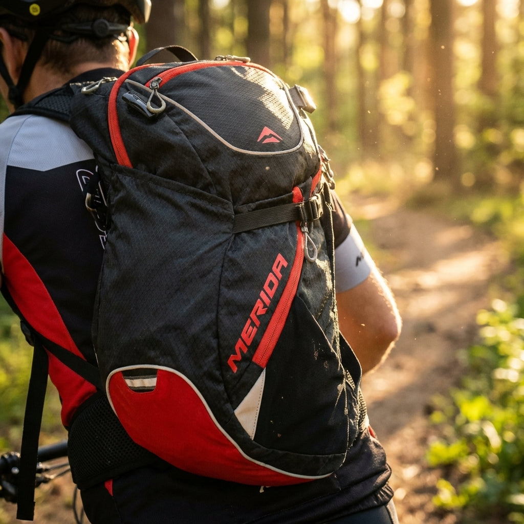 Merida Rucksack Fifteen II 15L in Schwarz-Rot mit Trinksystem-Fach und Reflektoren für Fahrradtouren.