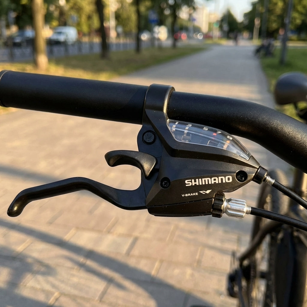 Shimano ST-EF500 7-fach Schalt-Bremshebel rechts für mechanische Bremsen montiert an einem schwarzen Fahrradlenker.