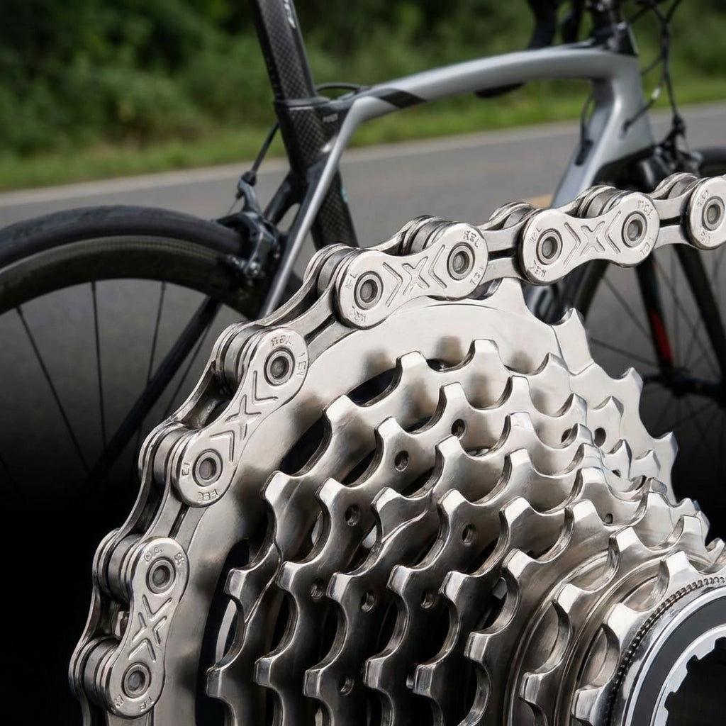 KMC X11EL 11-fach 118-Glieder Fahrradkette in Silber auf Kassette, Rennrad im Hintergrund.