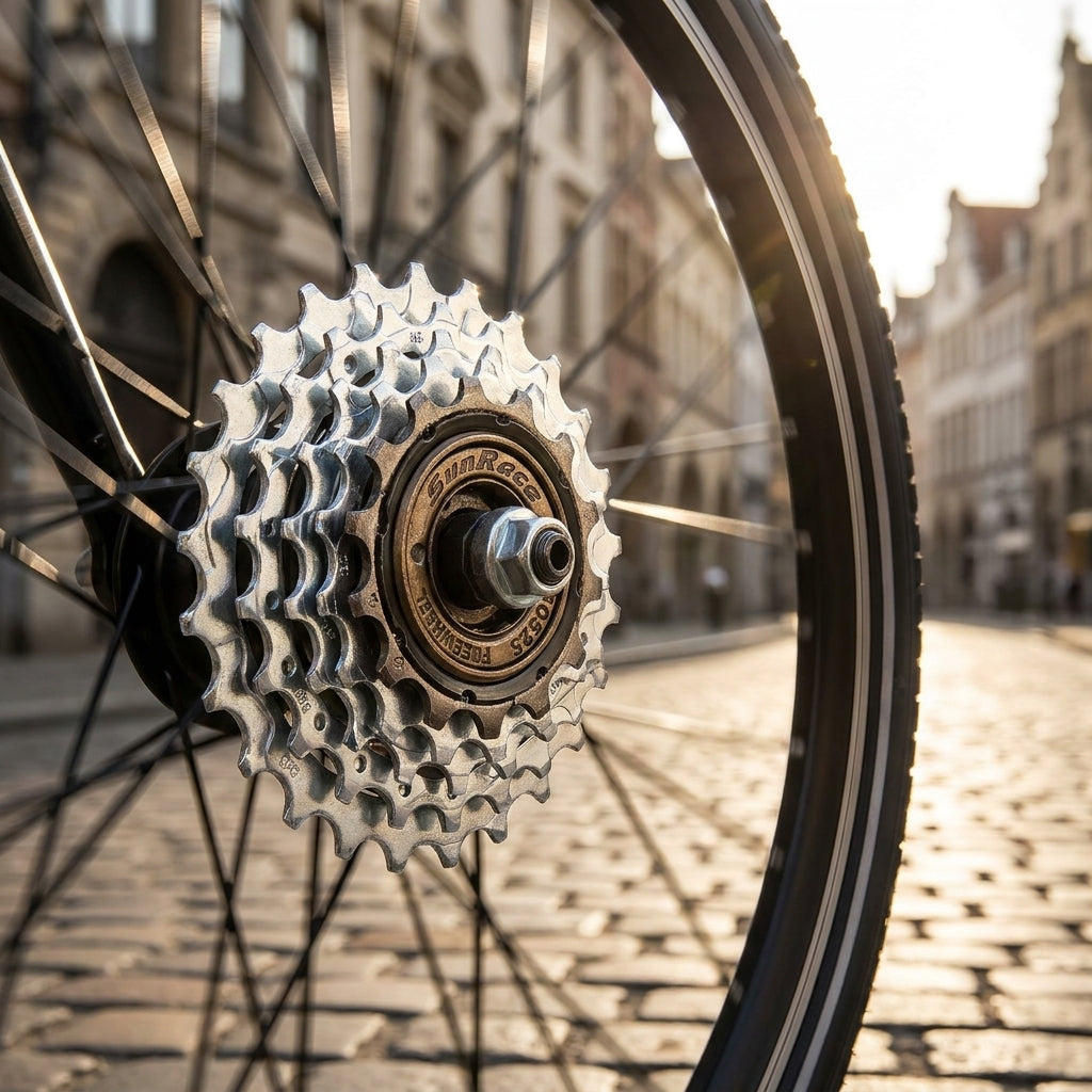 SunRace 6-fach Freilaufkranz MFR2A am Fahrrad-Hinterrad auf historischem Kopfsteinpflaster in Stadt.
