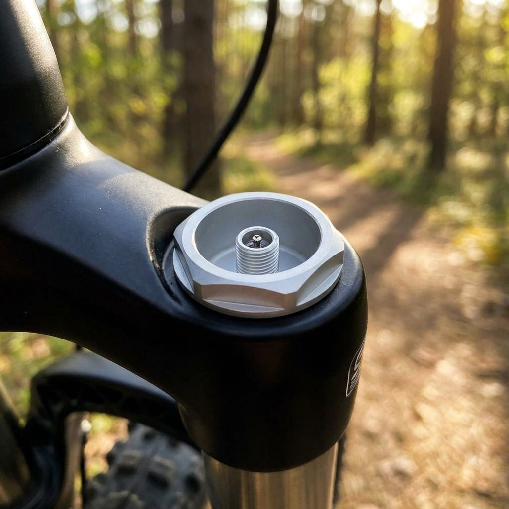 Ventilkappen-Unit SR-Suntour SF17 NCX D-RL auf schwarzer Fahrrad-Federgabel, Nahaufnahme.