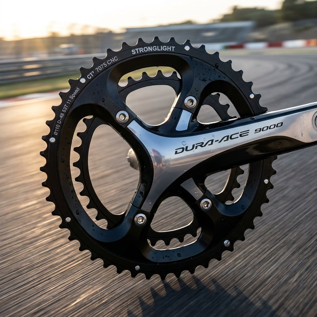 Stronglight Kettenblatt CT2 schwarz 53Z 110mm für Dura-Ace 9000 Kurbel auf nasser Rennstrecke.