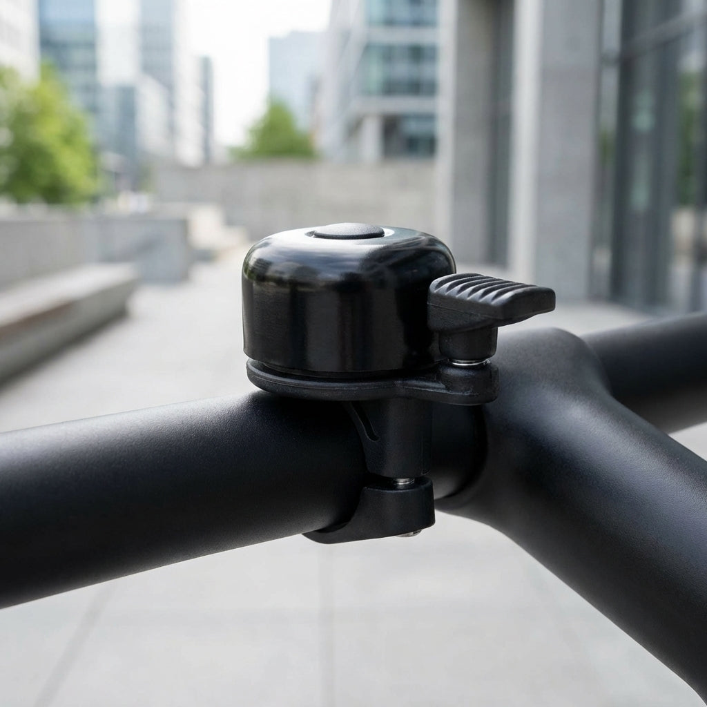 Schwarze M-Wave Bella Mini Stahl-Fahrradklingel mit Schelle am Lenker, urbaner Hintergrund.