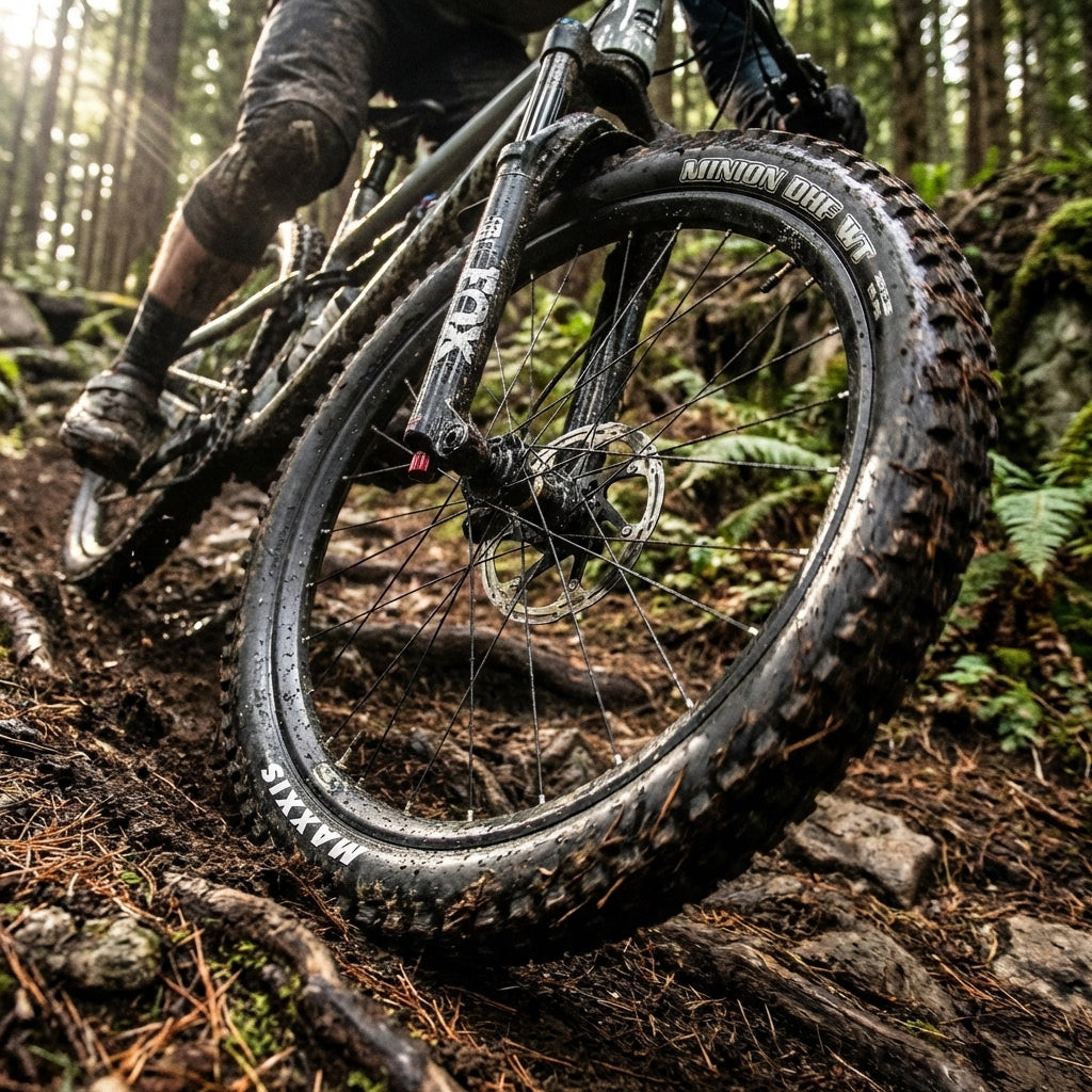 Maxxis Minion DHF WT Mountainbike Reifen 27.5x2.50 schwarz auf schlammigem Waldweg in Aktion.