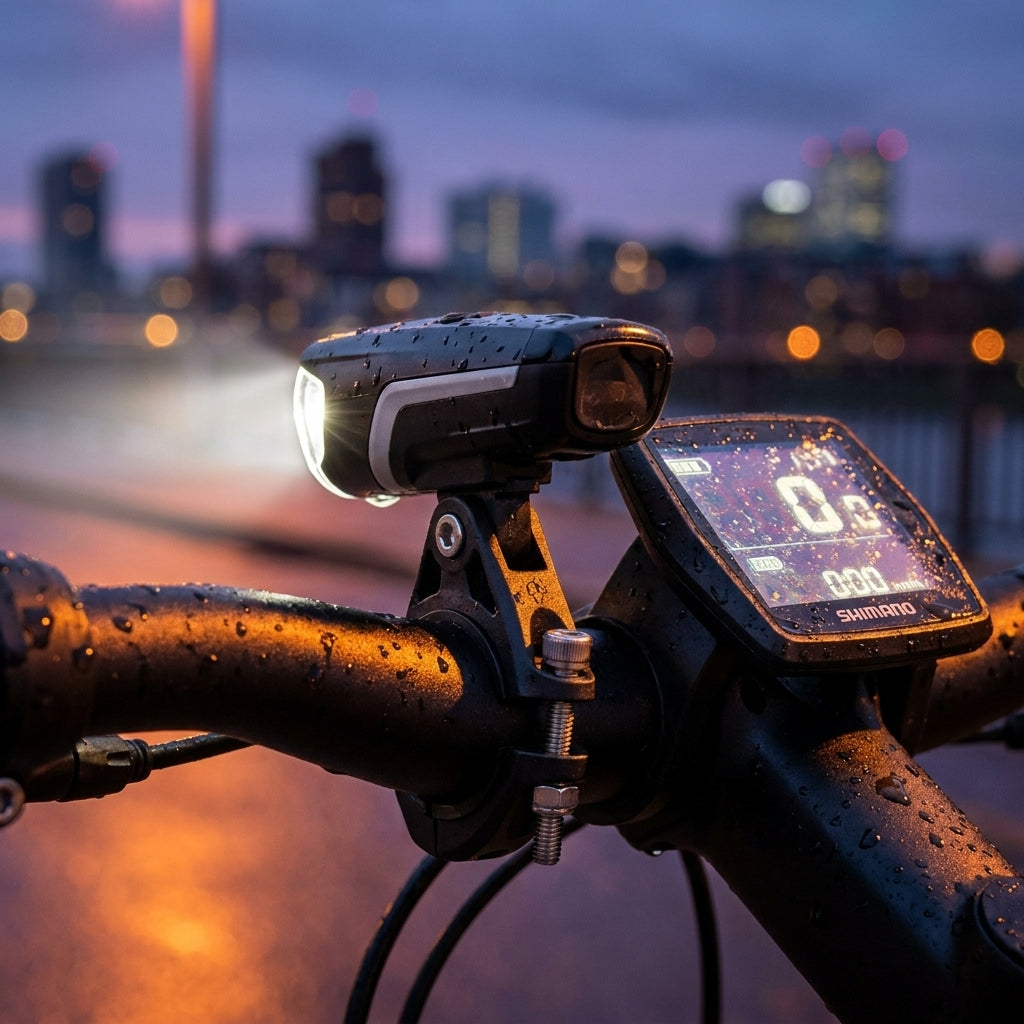 Busch & Müller Bumm Scheinwerferhalter Lenkerhalter für Shimano Display, regennass bei Dämmerung mit Stadtblick.