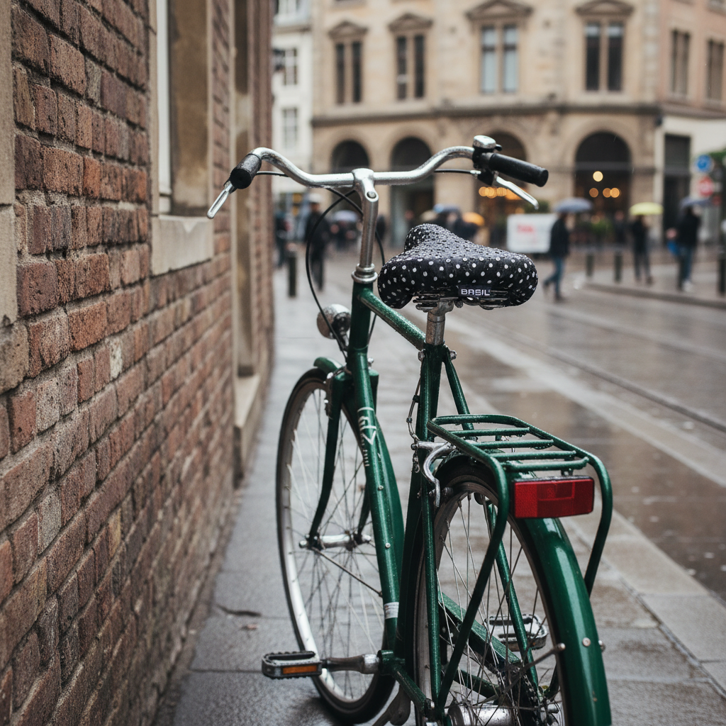 Basil Sattelbezug KATHARINA black dots auf grünem Fahrrad an einer Ziegelwand im Regen.