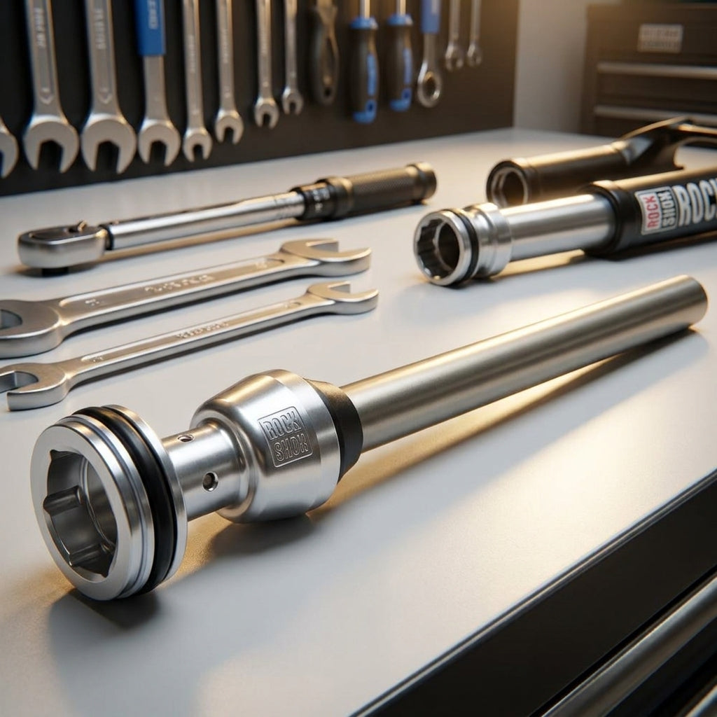 RockShox Federgabel AirShaft DA+ Pike C1+ 120mm 27.5/29 Zoll auf Werkbank mit Werkzeug.