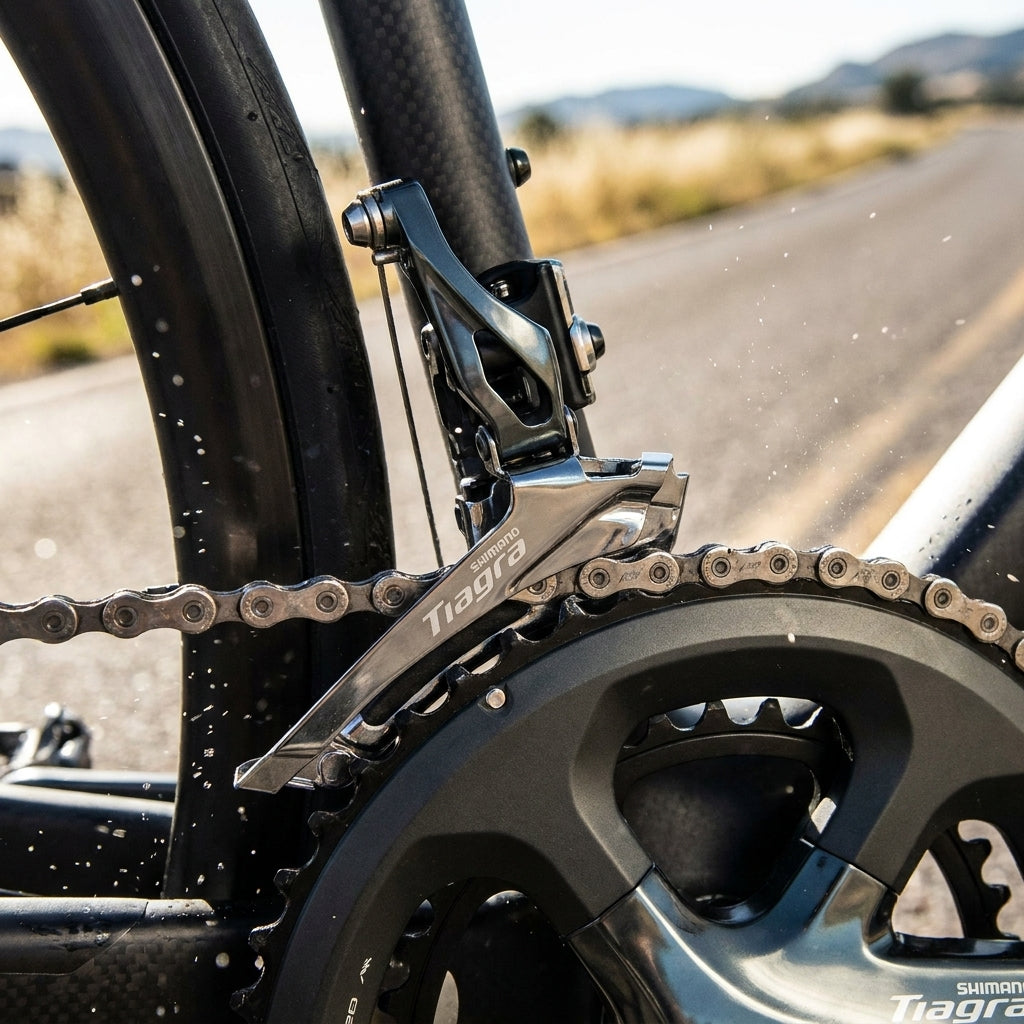 SHIMANO Umwerfer TIAGRA FD-4700 am Rennrad. Nahaufnahme des Antriebs für präzise 2-fach Schaltperformance.