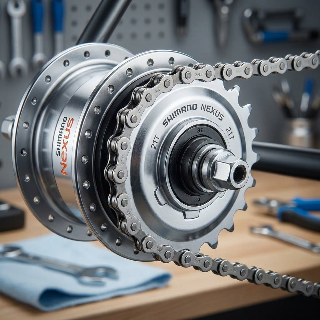 SHIMANO NEXUS 21 Zähne Ritzel für Nabenschaltungen. Silbernes Fahrradritzel mit Kette.