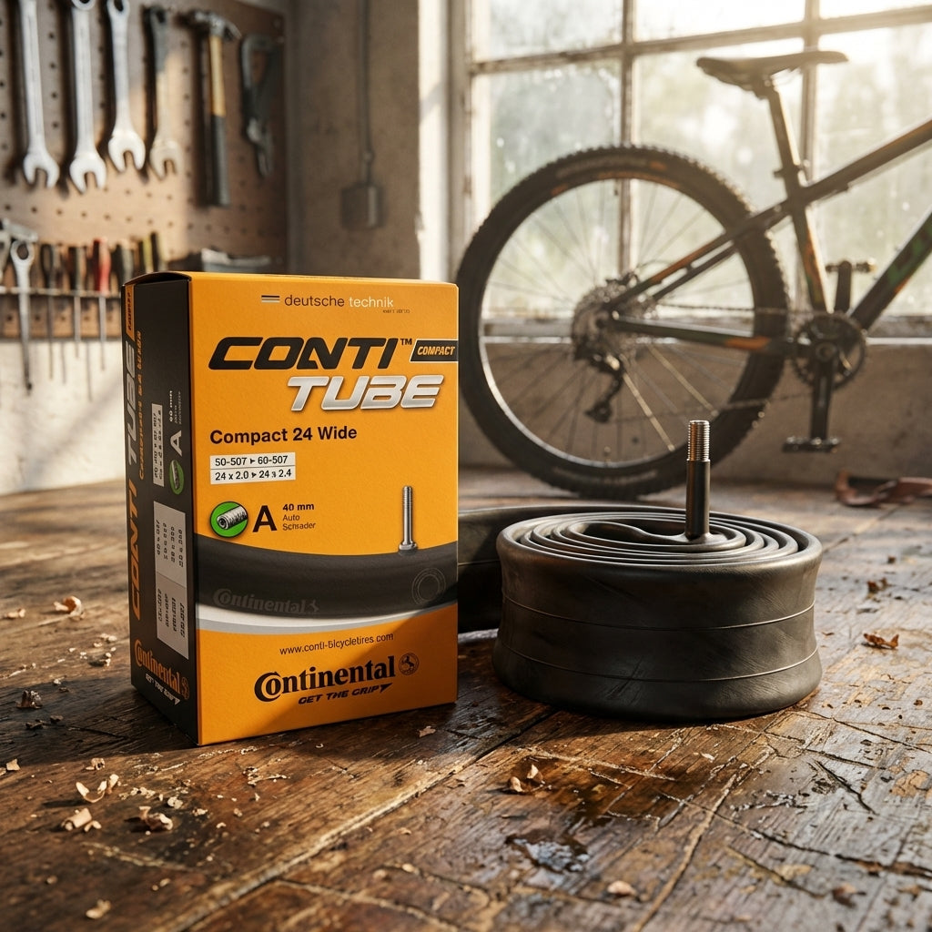 Continental Fahrradschlauch Conti Compact 24 wide 24x1.90/2.40Z 50/60-507 AV auf Werkbank.