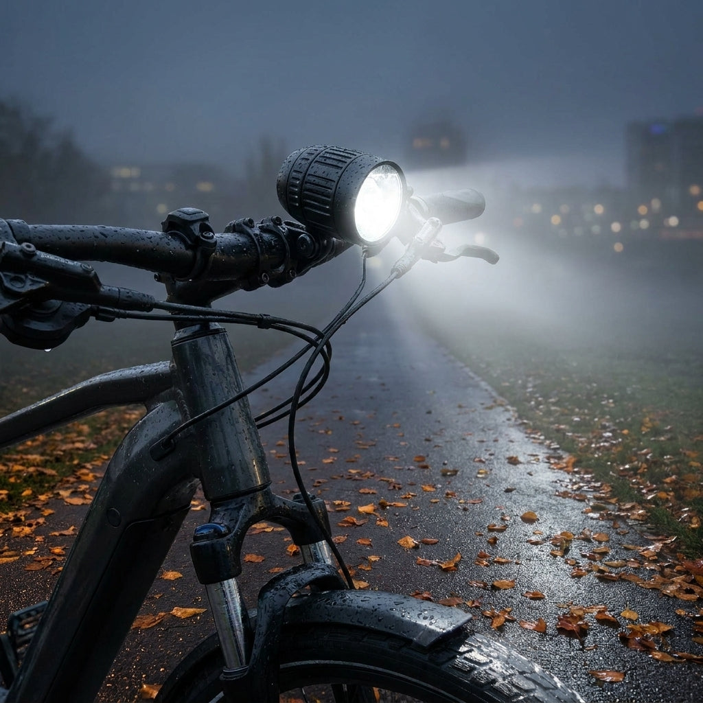 Busch + Müller Lumotec IQ-XM LED E-Bike-Scheinwerfer schwarz StVZO am Rad im Regen mit Herbstlaub.