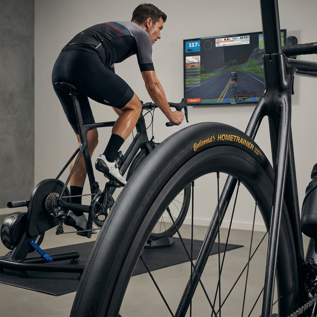 Continental Hometrainer II faltbar 32-622 schwarz Reifen auf Fahrrad beim Indoor Training.