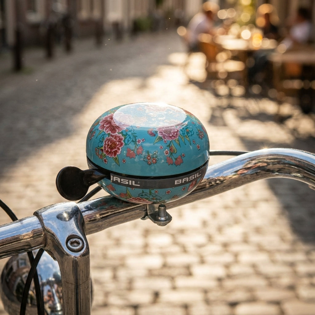 Basil Ding-Dong Fahrradklingel Bloom smaragdgrün mit Blumenmuster, am Lenker befestigt, lauter 2-Ton Klang.