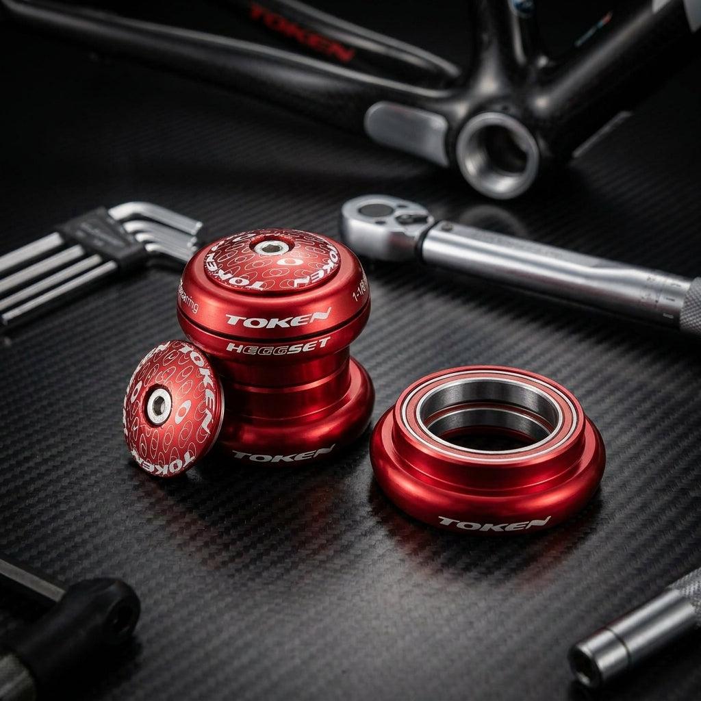 Roter TOKEN hEGGset AHead 2in1 1 1/8" Fahrrad-Steuersatz mit Werkzeug auf Carbon-Hintergrund.