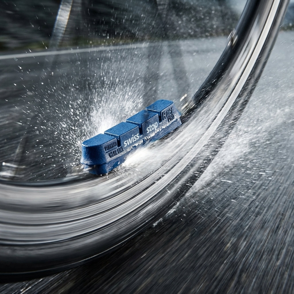 SwissStop FlashPro BXP Bremsbeläge blau für Aluminiumfelgen. Höchste Bremskraft, Präzision & Sicherheit am Rennrad.