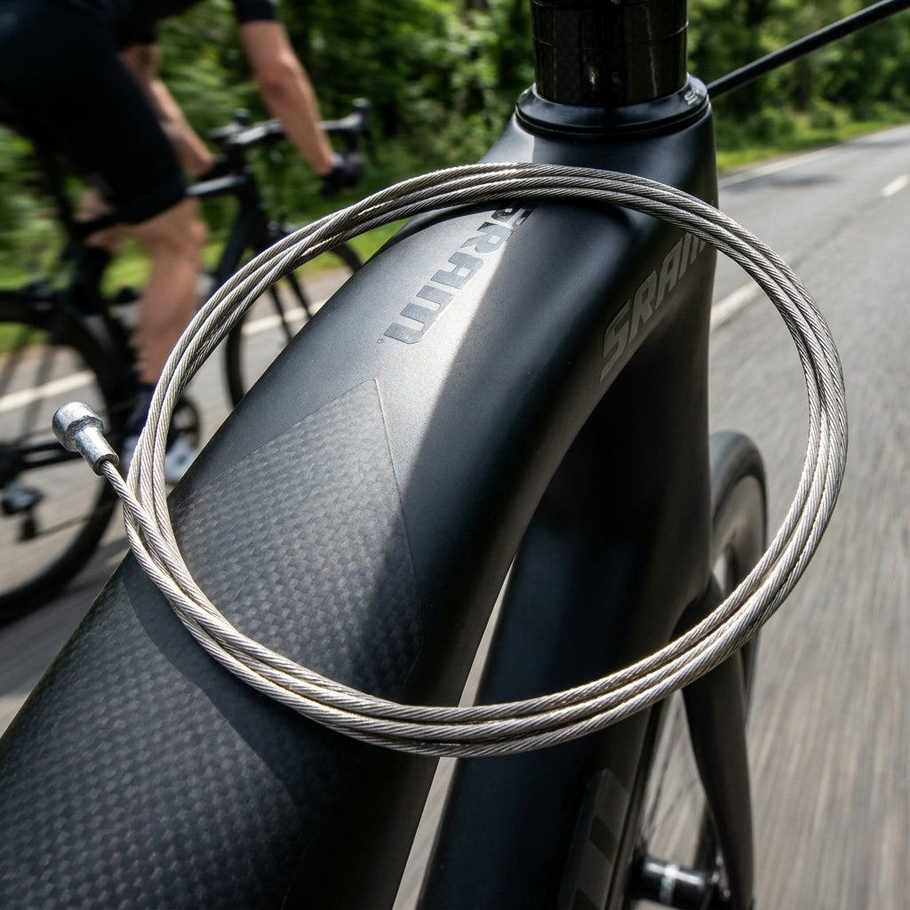 SRAM Slickwire Schalt-/Bremszüge auf schwarzem Rennrad für geschmeidige, präzise Schalt- und Bremsperformance.