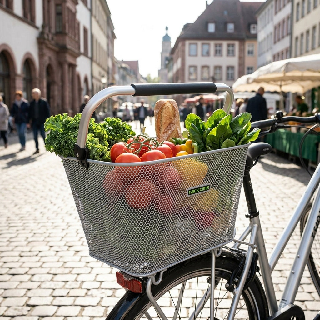 Racktime System Korb Baskit Deluxe 2.0 silber am Fahrrad, gefüllt mit Gemüse, Brot auf Kopfsteinpflaster.