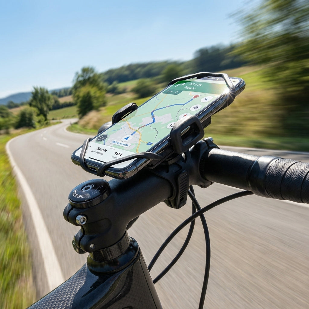 ergotec Handyhalterung schwarz am Fahrrad-Vorbau mit Navigations-Smartphone auf kurviger Landstraße.