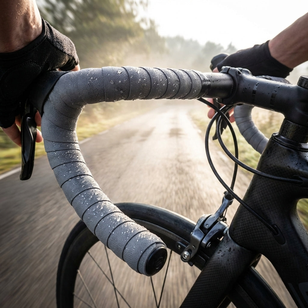 BBB Lenkerband RaceRibbon grau, komfortabler, rutschfester Rennrad-Griff mit Wassertropfen auf dem Lenker.