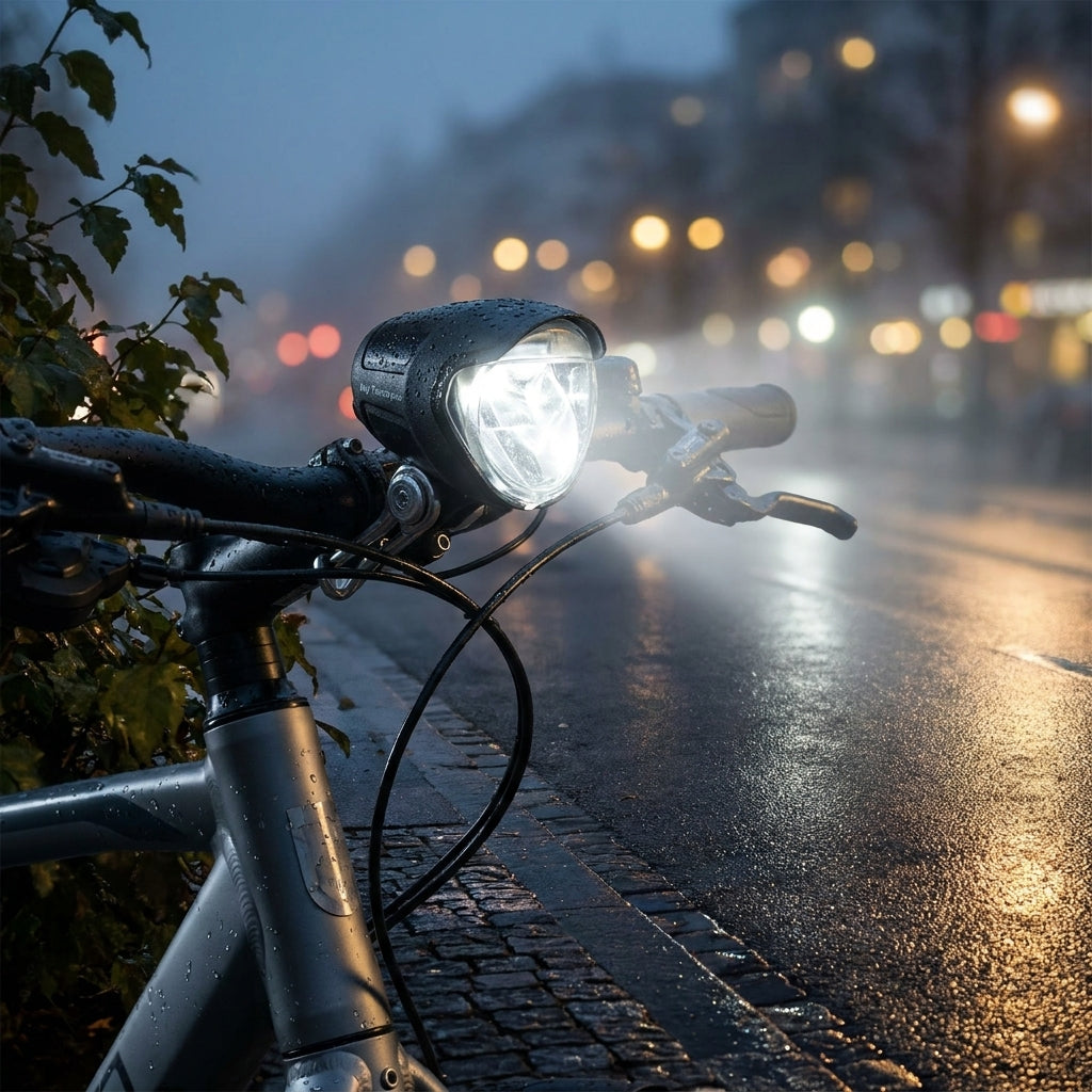 Busch&Müller Lumotec IQ Avy LED-Scheinwerfer für Nabendynamo. StVZO-zugelassenes Fahrradlicht mit 30 Lux für sichere Nachtfahrten.