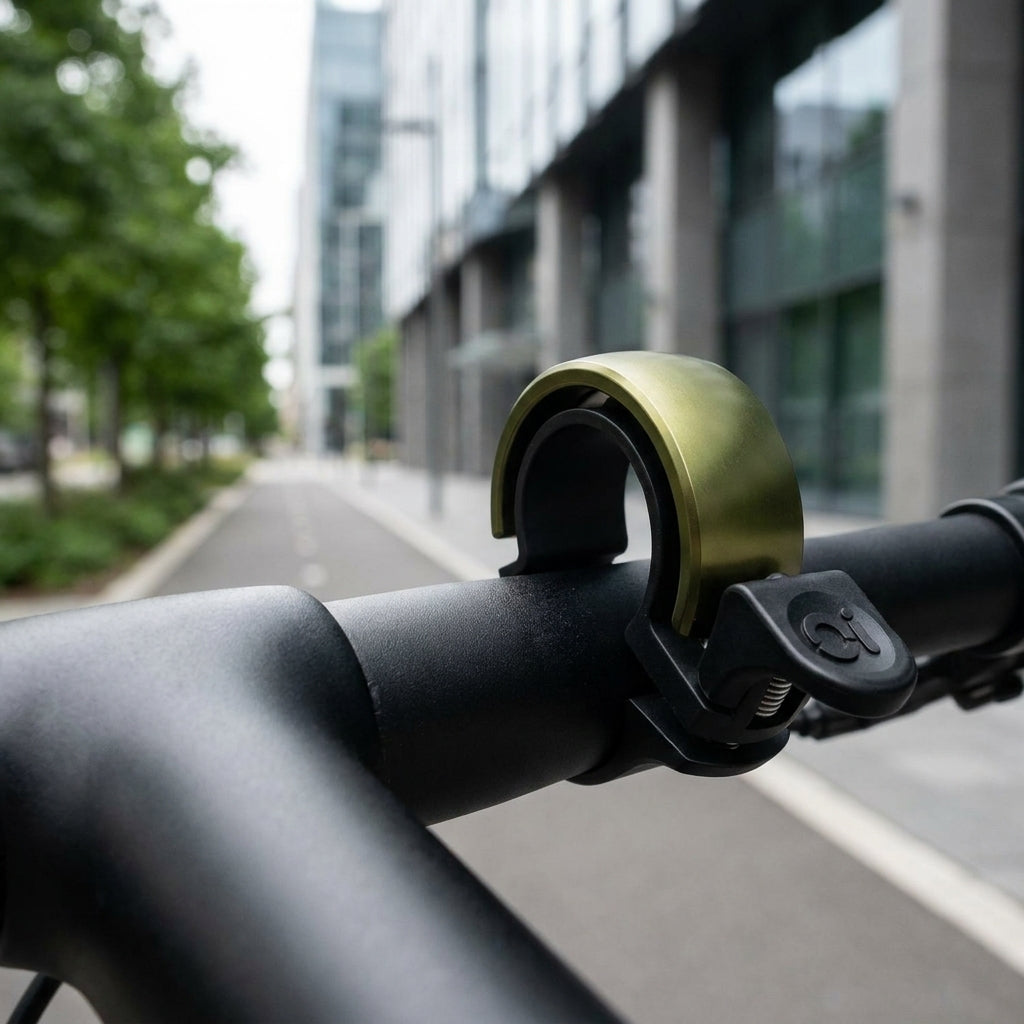 Knog Oi Classic Fahrradklingel 22.2mm olive auf schwarzem Lenker auf Radweg.