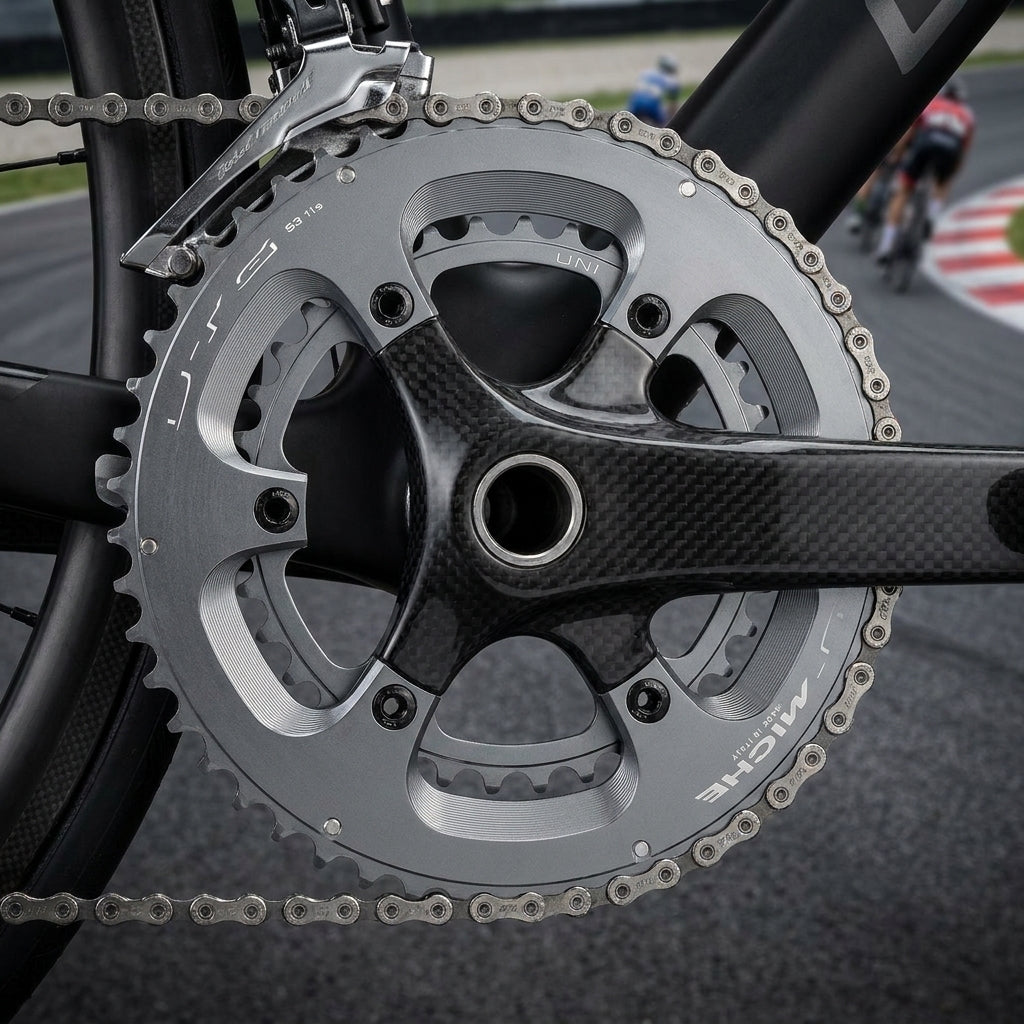 Miche UTG S8 Kettenblatt 53Z 11-fach für Ultegra 8000 am Rennrad mit Carbon-Kurbel und Kette.